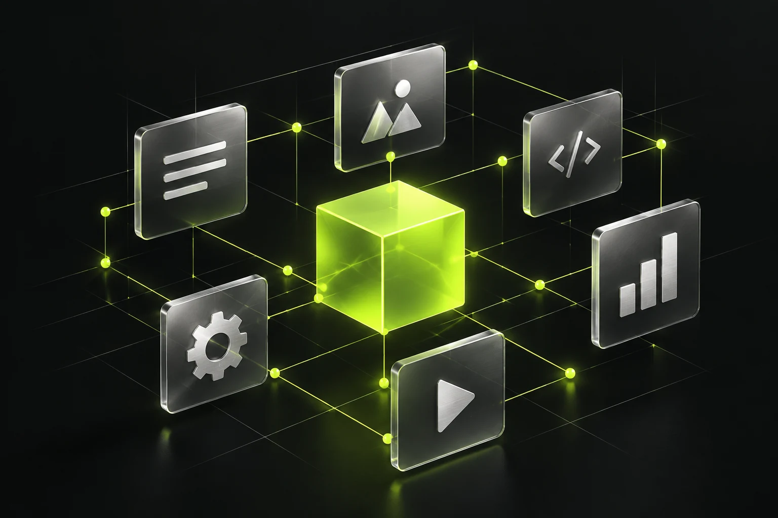 An abstract lime cube connecting creative and technical tools