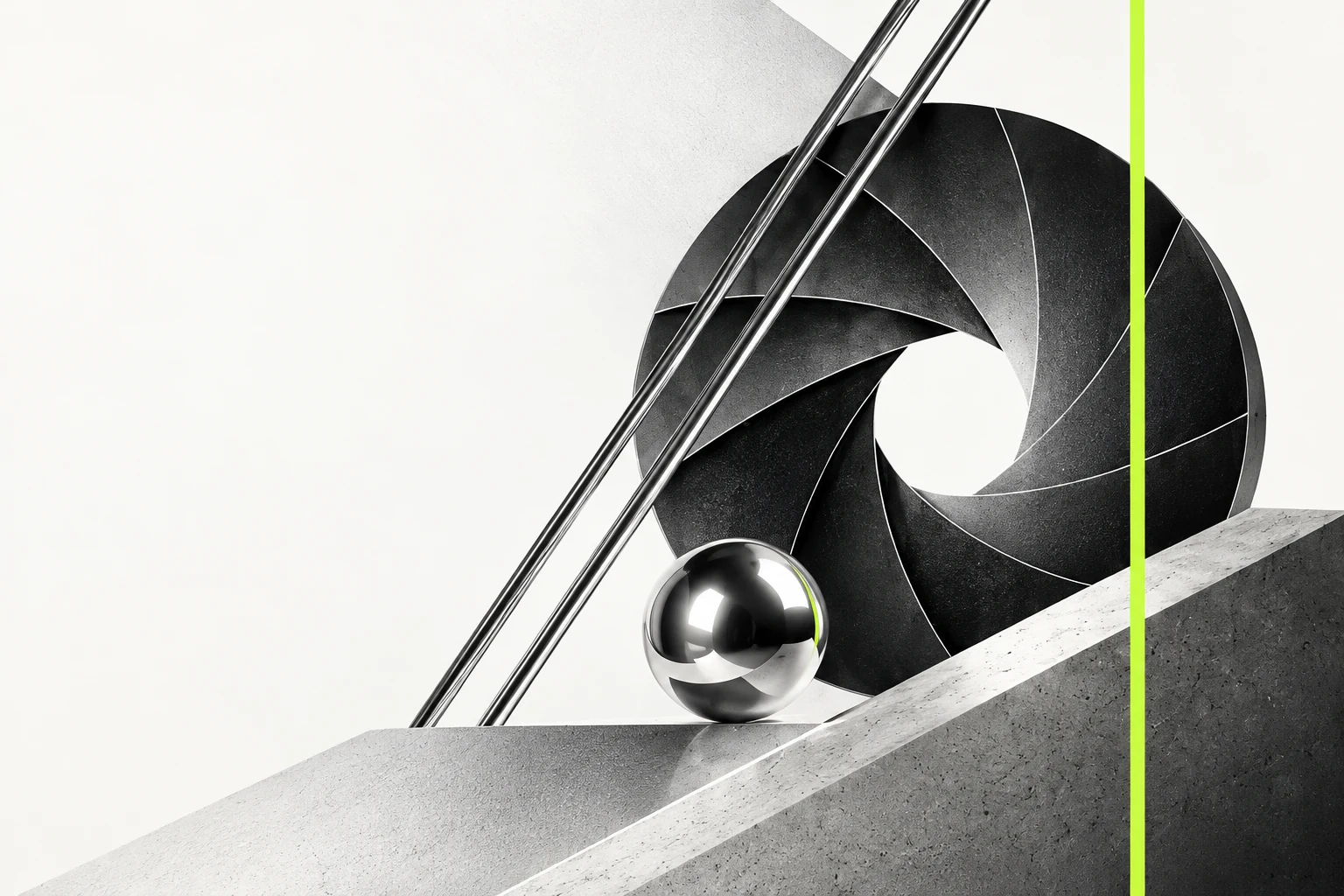 A sculptural black aperture, chrome rails and a mirrored sphere on a pale concrete plinth